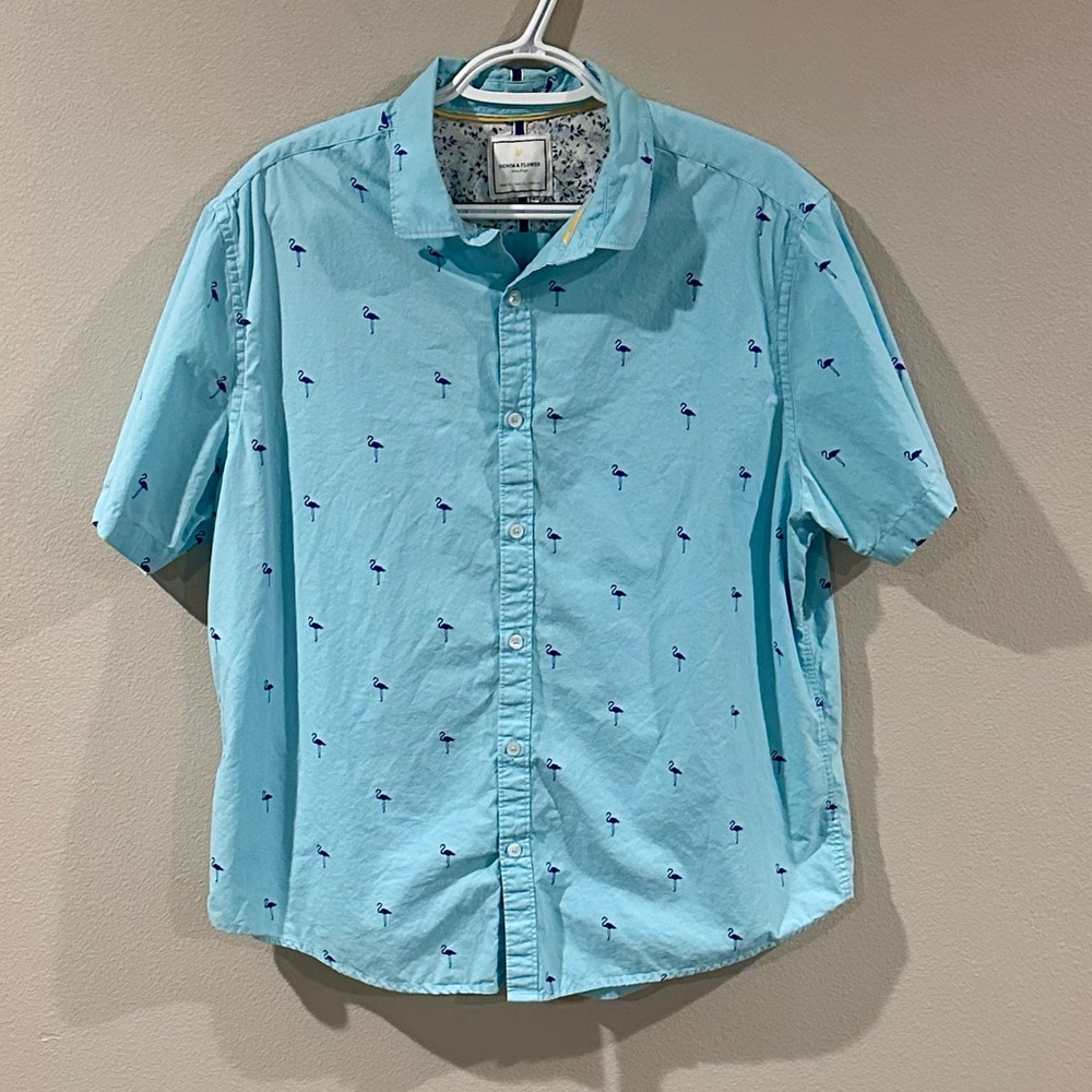 Blue Flamingos Denim And Flowers Button Up Polo Shirt -  Men's Large *Read*